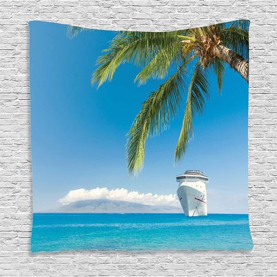 Ambesonne Nautical Tapestry, Large Cruise Ship Heads to Tropical Sandy Beach Exotic Panorama Coastal Theme, Wall Hanging for Bedroom Living Room Dorm Decor, 60" X 80", Turquoise Green