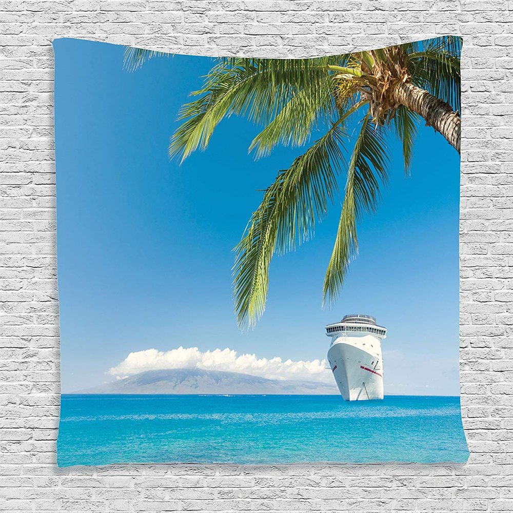 Ambesonne Nautical Tapestry, Large Cruise Ship Heads to Tropical Sandy Beach Exotic Panorama Coastal Theme, Wall Hanging for Bedroom Living Room Dorm Decor, 60" X 80", Turquoise Green