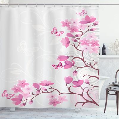 Ambesonne Japanese Shower Curtain, Pink Blossoms Butterflies Inspiration Growth Flourish Nature Theme Japanese Cherry Tree, Cloth Fabric Bathroom Decor Set with Hooks, 69" W x 70" L, Pink