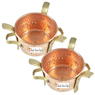 Set of 2 - Prisha India Craft  Handmade Copper Brass Food Warmer Angeethi Traditional SIGDI Tabletop Burner 5.5 x 4.00 Inch, Christmas Gift with WOODEN KEYRING