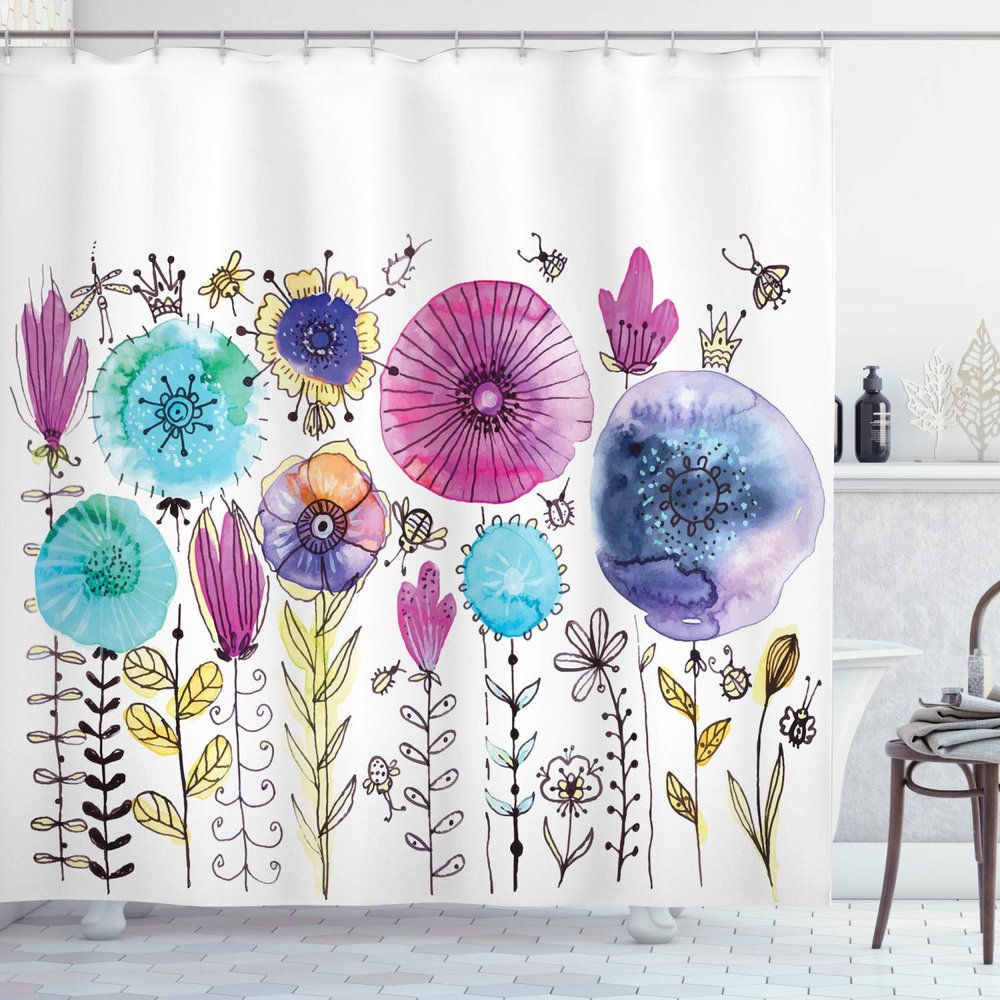 Ambesonne Dragonfly Shower Curtain, Hello Summer Concept Dandelion and Winged Bug Be Happy Art, Cloth Fabric Bathroom Decor Set with Hooks, 69" W x 70" L, Blue Pink