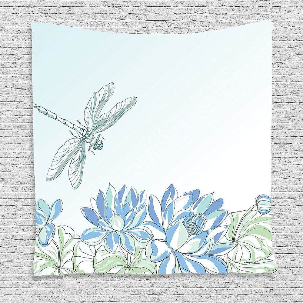 Ambesonne Dragonfly Tapestry, Waterlilies Flowers and Dragonflies Simplistic Design Eco Nature Theme Art, Wall Hanging for Bedroom Living Room Dorm Decor, 40" X 60", Blue Green
