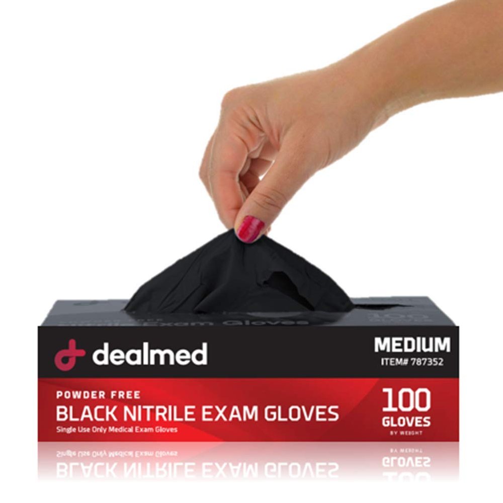 Dealmed Black Nitrile Exam Gloves  Disposable Multi-Purpose Use Medical Gloves Use for First Aid and Medical Facilities, 100 Count (Medium, Pack of 1)