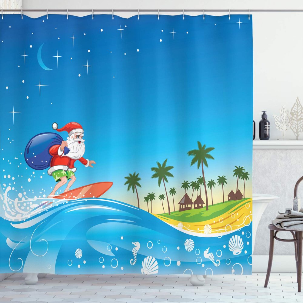Ambesonne Christmas Shower Curtain, Surfing Santa on a Wave with Sack at The Beach Tropical Night Fantasy Cartoon, Cloth Fabric Bathroom Decor Set with Hooks, 69" W x 84" L, Blue Yellow