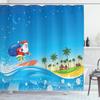 Ambesonne Christmas Shower Curtain, Surfing Santa on a Wave with Sack at The Beach Tropical Night Fantasy Cartoon, Cloth Fabric Bathroom Decor Set with Hooks, 69" W x 84" L, Blue Yellow view 1