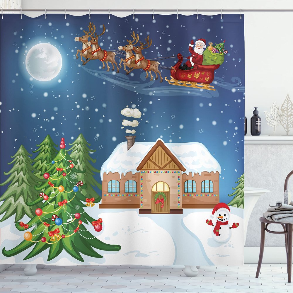 Ambesonne Christmas Shower Curtain, Classical Xmas Scenery Santa Delivering Presents Rudolf The Red Nosed Reindeer, Cloth Fabric Bathroom Decor Set with Hooks, 69" W x 84" L, Slate Blue