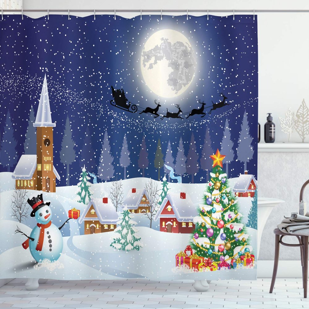 Ambesonne Christmas Shower Curtain, Winter Season Snowman Xmas Tree Santa Sleigh Moon Present Boxes Snow and Stars, Cloth Fabric Bathroom Decor Set with Hooks, 69" W x 75" L, White Blue