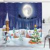 Ambesonne Christmas Shower Curtain, Winter Season Snowman Xmas Tree Santa Sleigh Moon Present Boxes Snow and Stars, Cloth Fabric Bathroom Decor Set with Hooks, 69" W x 75" L, White Blue view 1