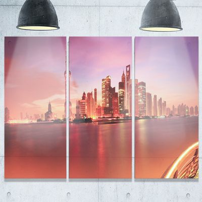 Designart MT10176-3P Shanghai Skyline at Dawn Panorama Cityscape Metal Wall Art (3 Piece), 28'' H x 36'' W x 1'' D 3P, Blue