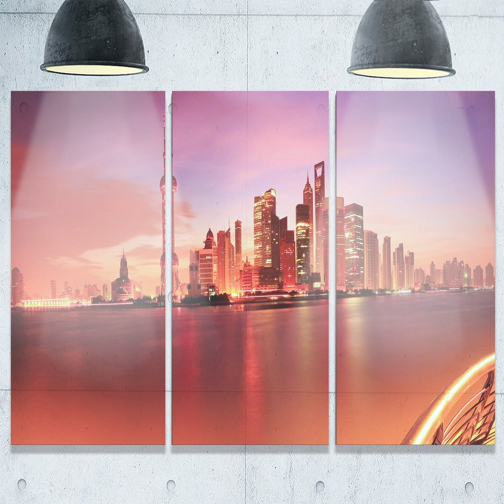 Designart MT10176-3P Shanghai Skyline at Dawn Panorama Cityscape Metal Wall Art (3 Piece), 28'' H x 36'' W x 1'' D 3P, Blue