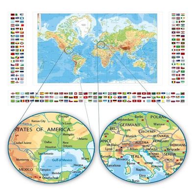 Alonline Art - Physical Modern Flags #4 by World Map | Print on Wall Sticker Vinyl Decal (Rolled) | 39"x24" - 98x61cm | 4 Panels Split | Wall Art Home Decor for Kitchen or for Toilet | HD Artwork