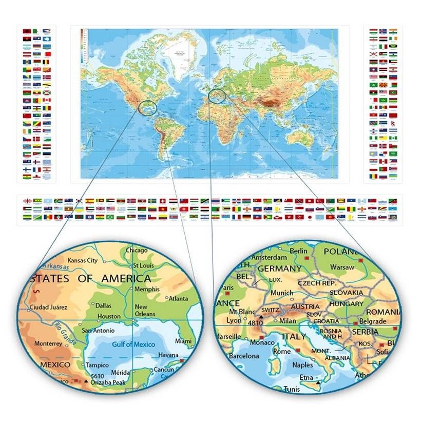 Alonline Art - Physical Modern Flags #4 by World Map | Print on Wall Sticker Vinyl Decal (Rolled) | 39"x24" - 98x61cm | 4 Panels Split | Wall Art Home Decor for Kitchen or for Toilet | HD Artwork