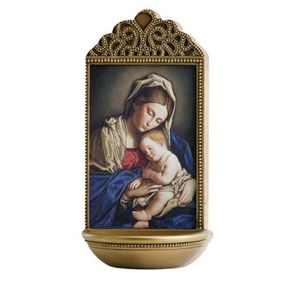 Christian Brands Catholic Holy Water Fount Home Entry Wall or Tabletop Display, 6", Sassoferrato Madonna and Child