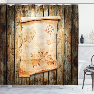 Ambesonne Island Map Shower Curtain, Treasure Map on Rustic Timber X Marks The Grunge Spot Nautical Pirates Concept, Cloth Fabric Bathroom Decor Set with Hooks, 69" W x 84" L, Cream Brown