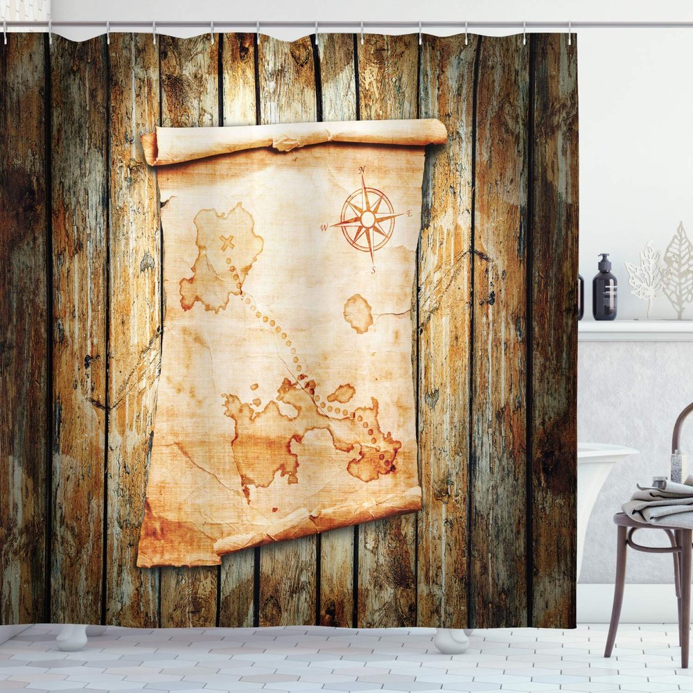 Ambesonne Island Map Shower Curtain, Treasure Map on Rustic Timber X Marks The Grunge Spot Nautical Pirates Concept, Cloth Fabric Bathroom Decor Set with Hooks, 69" W x 84" L, Cream Brown