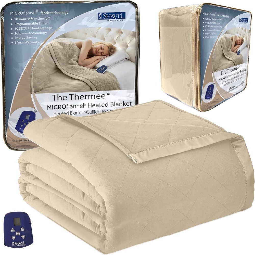 Shavel Home Products Micro Flannel Blanket Full Size Heated Blanket with 10 Settings, Programable Heating Blanket, Luxuriously Soft Heated Throw Blanket, Rapid Heating Thermal Blanket - Chino