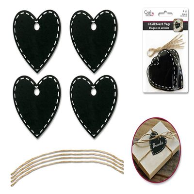 Craft Decor Wooden Chalkboard Tag Sign with Jute Cord, Pack of 4 (Heart)