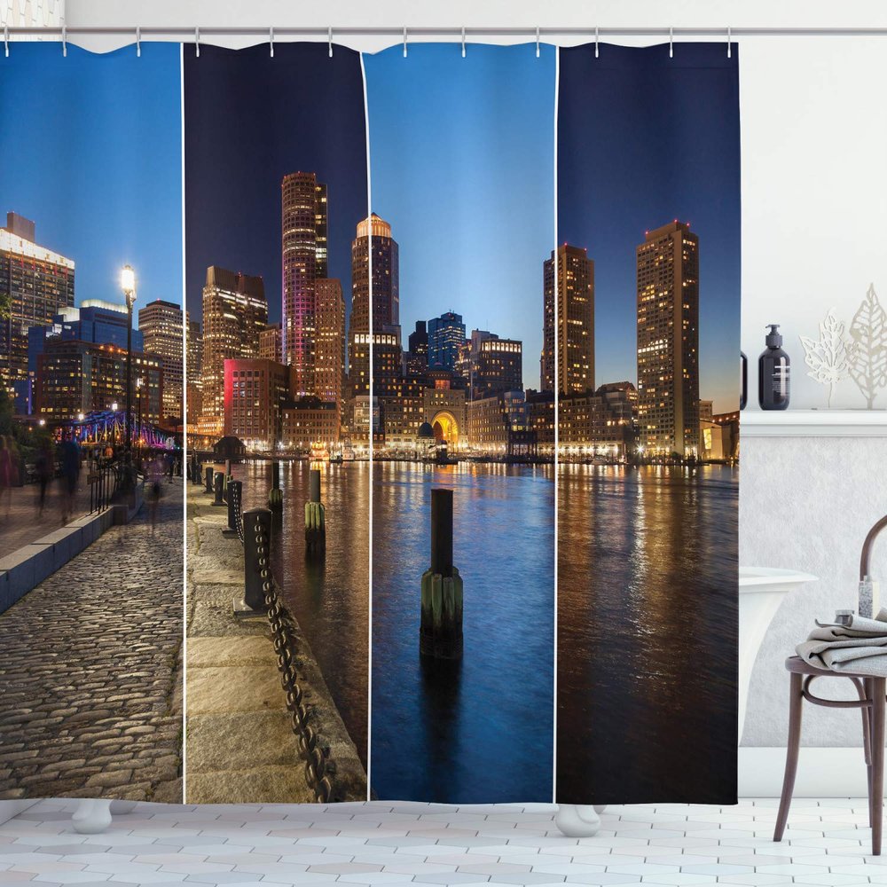 Ambesonne American Shower Curtain, Boston Skyline Day and Night Cityscape Skyscraper Reflection in Water Metropolis, Cloth Fabric Bathroom Decor Set with Hooks, 69" W x 75" L, Blue Orange