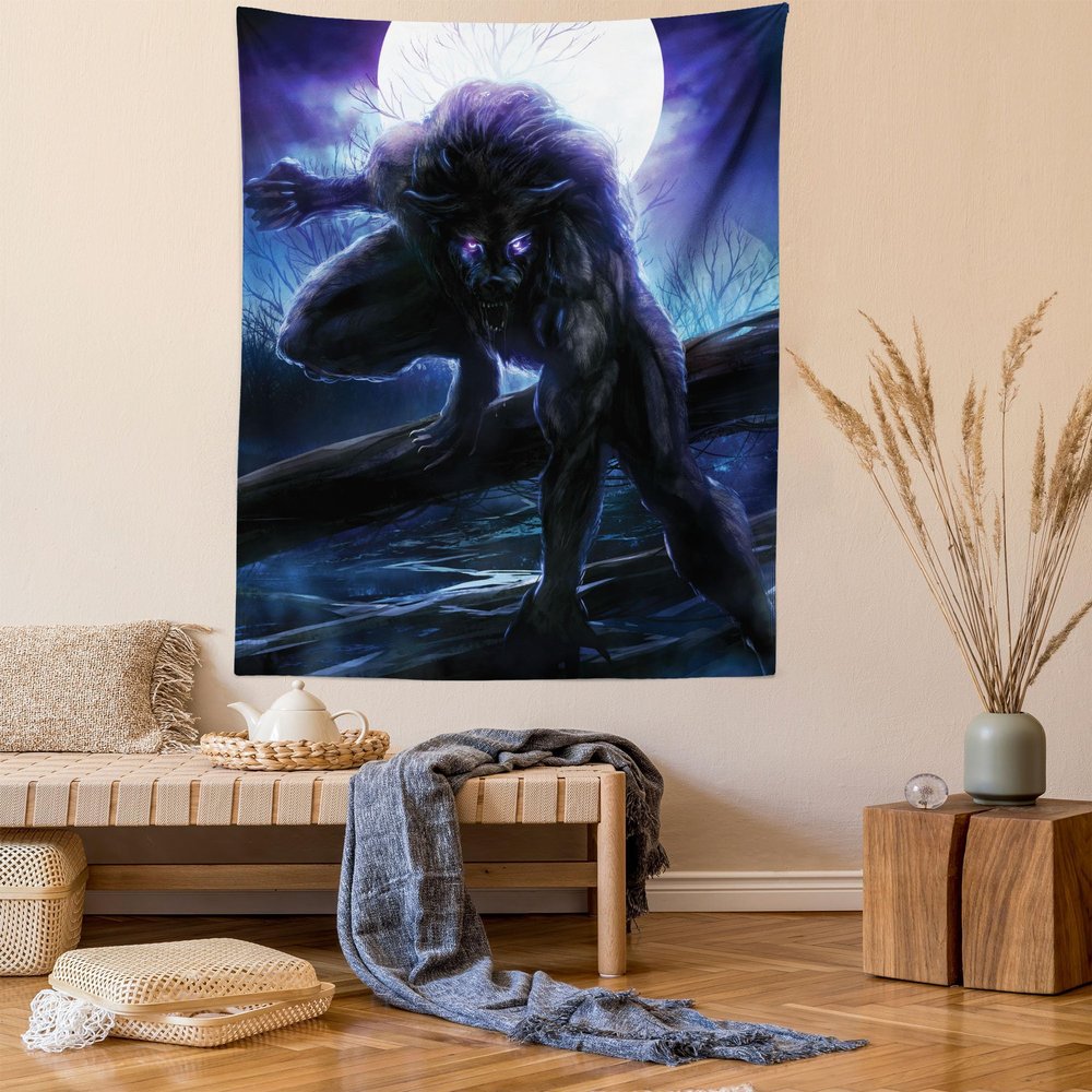 Ambesonne Fantasy World Tapestry, Surreal Werewolf Electric Eyes in Full Moon Transformation Folkloric, Wall Hanging for Bedroom Living Room Dorm Decor, 40" X 60", Purple Blue