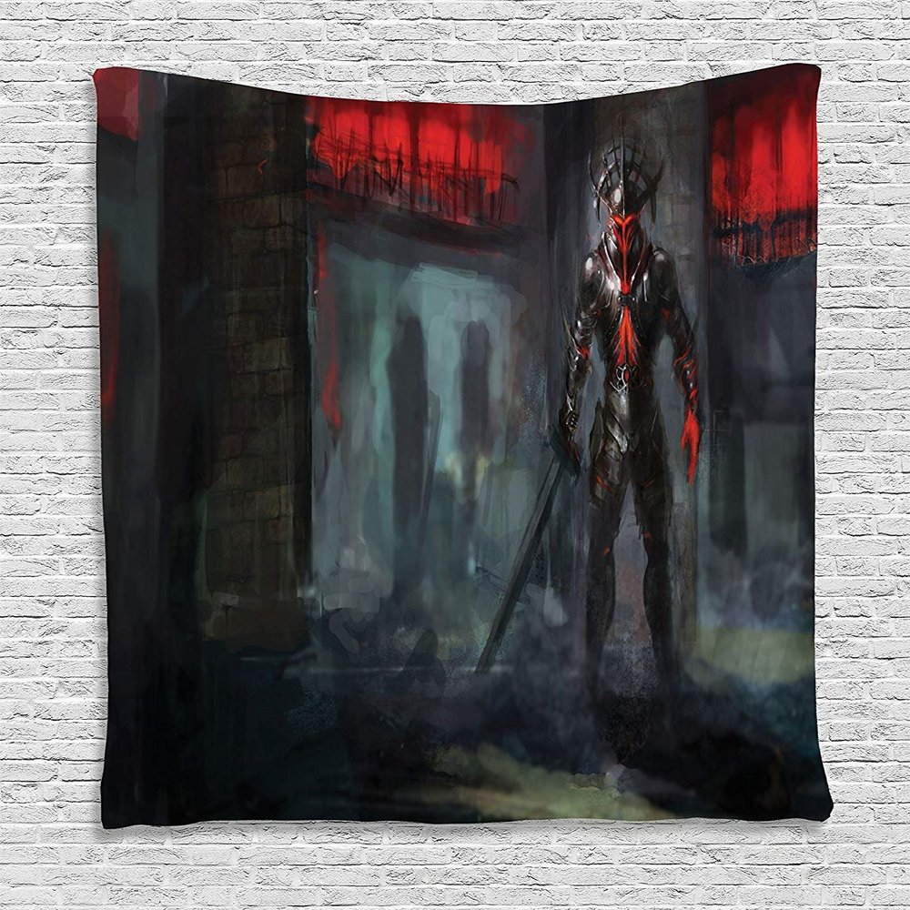 Ambesonne Fantasy World Tapestry, Fictional Reverent Character in Building Dark Gothic Demonic Devil Print, Wall Hanging for Bedroom Living Room Dorm Decor, 40" X 60", Grey Red