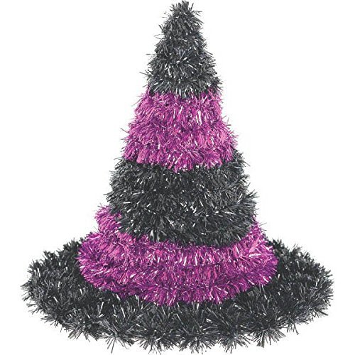 Amscan Family Friendly Halloween 3D Witch Hat Tinsel Hanging Decoration, Black/Purple, 6" x 5 3/4"
