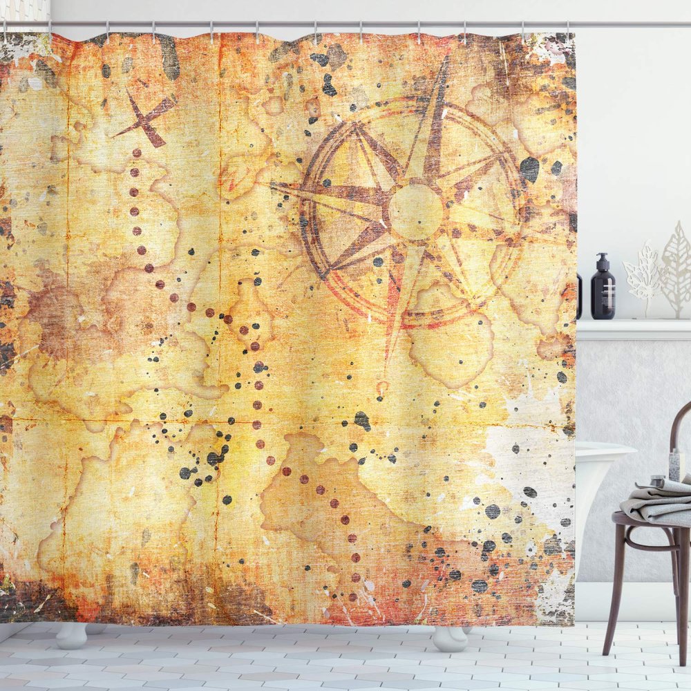 Ambesonne Island Map Shower Curtain, Antique Treasure Map Grunge Rusty Style Parchment Print History Theme Boho Design, Cloth Fabric Bathroom Decor Set with Hooks, 69" W x 84" L, Beige