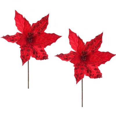 Factory Direct Craft Pair of Sparkling Red Velvet Artificial Poinsettia Picks for Holiday and Home Decor