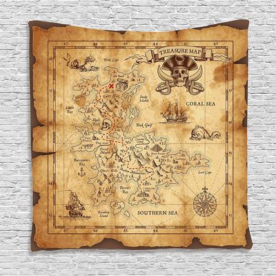 Ambesonne Island Map Tapestry, Super Detailed Treasure Map Grungy Rustic Pirates Gold Secret Sea History Theme, Wall Hanging for Bedroom Living Room Dorm Decor, 60" X 80", Beige Brown