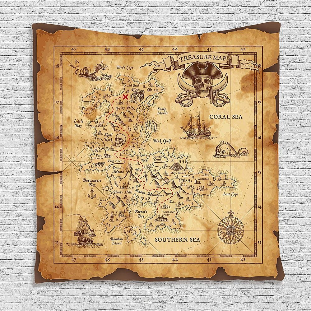 Ambesonne Island Map Tapestry, Super Detailed Treasure Map Grungy Rustic Pirates Gold Secret Sea History Theme, Wall Hanging for Bedroom Living Room Dorm Decor, 60" X 80", Beige Brown