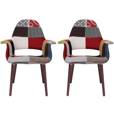 2xhome Mid Century Modern Upholstered Fabric Organic Accent Living Room Dining Chair Armchair Set with Back Armrest Dark Black Wood Wooden Legs for Kitchen Bedroom (2, Patchwork Sam, Dining)