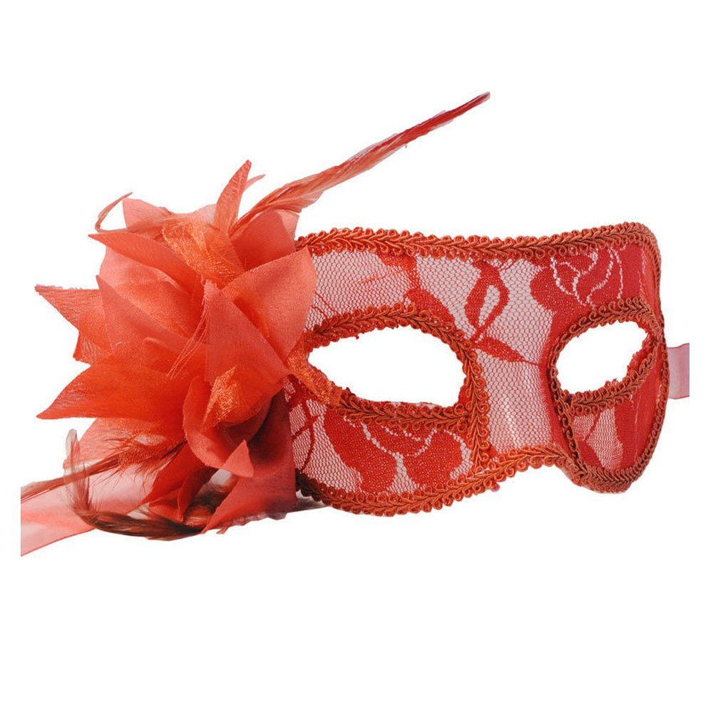 10pcs Angel romance Halloween Outfit masquerade lace charming Party mask princess decoration lily embellish sexy half face mask transparent with flowers Bar mask (red)