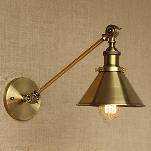 LITFAD Adjustable Arm Wall Light Fixtures Brass Finish 1 Light Wall Sconce 7" Industrial Swing arm Wall lamp Mounted Lighting Fixture with Cone Shade for Bedroom, Reading, Living Room, Kitchen