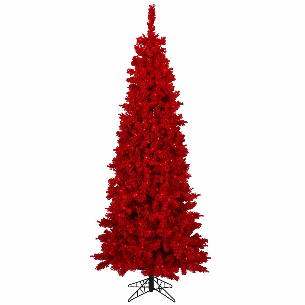Vickerman 7.5' Flocked Red Fir Artificial Christmas Tree, Red Dura-lit LED Lights - Snow Covered Faux Tree - Seasonal Indoor Home Decor