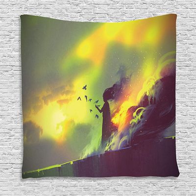 Ambesonne Fantasy Tapestry, Silhouette on the Roof of a House Night Different Worlds Modern Art Illustration, Wall Hanging for Bedroom Living Room Dorm Decor, 40" X 60", Yellow Green