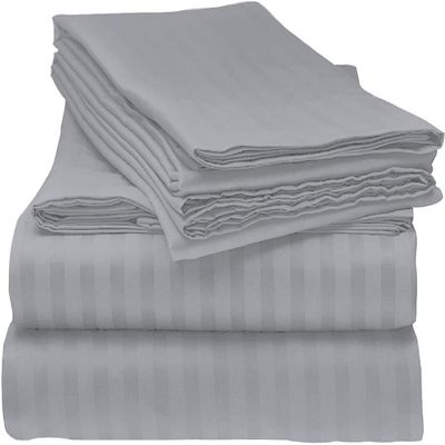 6 PC Sheet Set Egyptian Cotton Sheets Extra Deep Pockets (+21 Inches) Full Extra Long Silver Grey Stripe 600 Thread Count Machine Washable