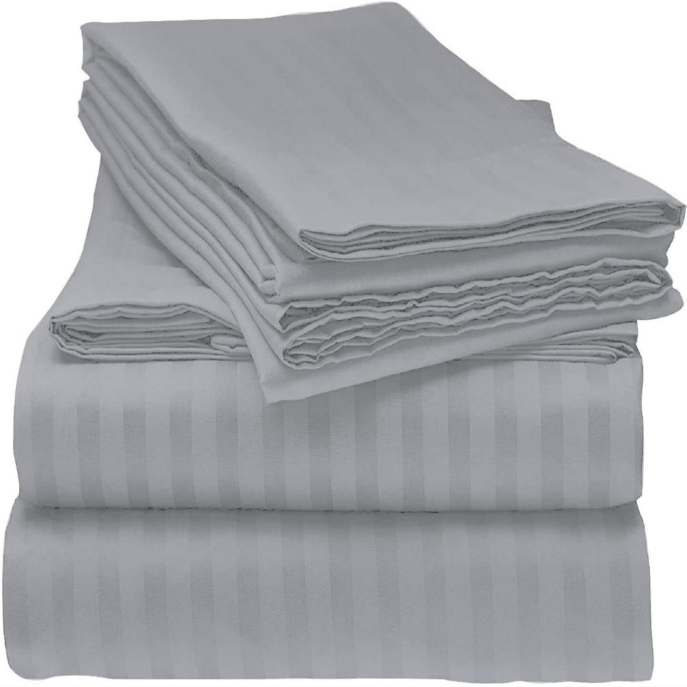 6 PC Sheet Set Egyptian Cotton Sheets Extra Deep Pockets (+21 Inches) Full Extra Long Silver Grey Stripe 600 Thread Count Machine Washable