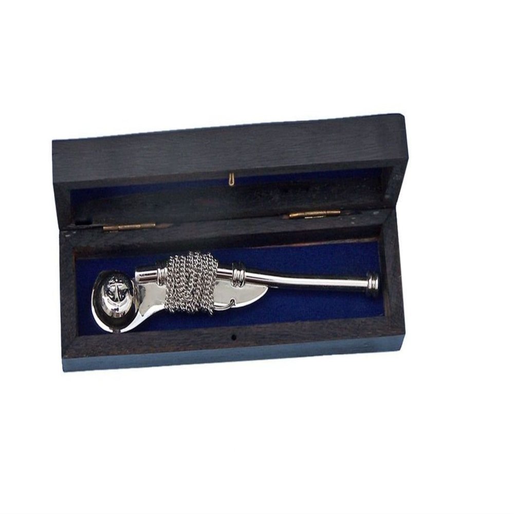 Hampton Nautical K-236-CH Chrome Boatswain (Bosun) Whistle 5 Inch with Black Rosewood Box- Nautical Whistle- Chrome Boatswain Whistle