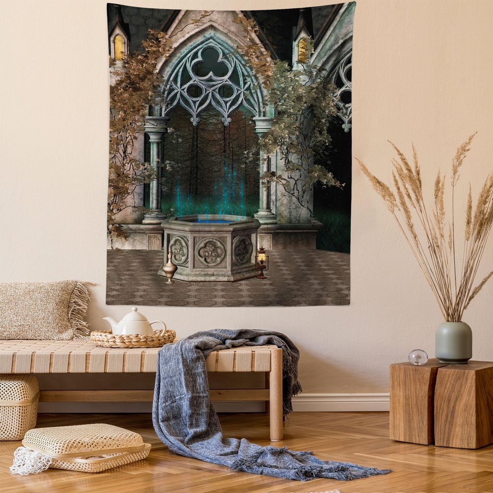 Ambesonne Gothic Tapestry, Patio with Enchanted Wishing Well Ivy on Antique Gateway to Forest, Wall Hanging for Bedroom Living Room Dorm Decor, 40" X 60", Taupe Green