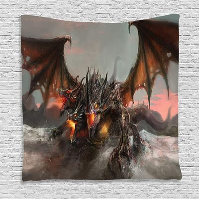 Ambesonne Fantasy World Tapestry, Illustration of 3 Headed Breathing Dragon Large Monster Gothic Theme, Wall Hanging for Bedroom Living Room Dorm Decor, 60" X 80", Brown Grey