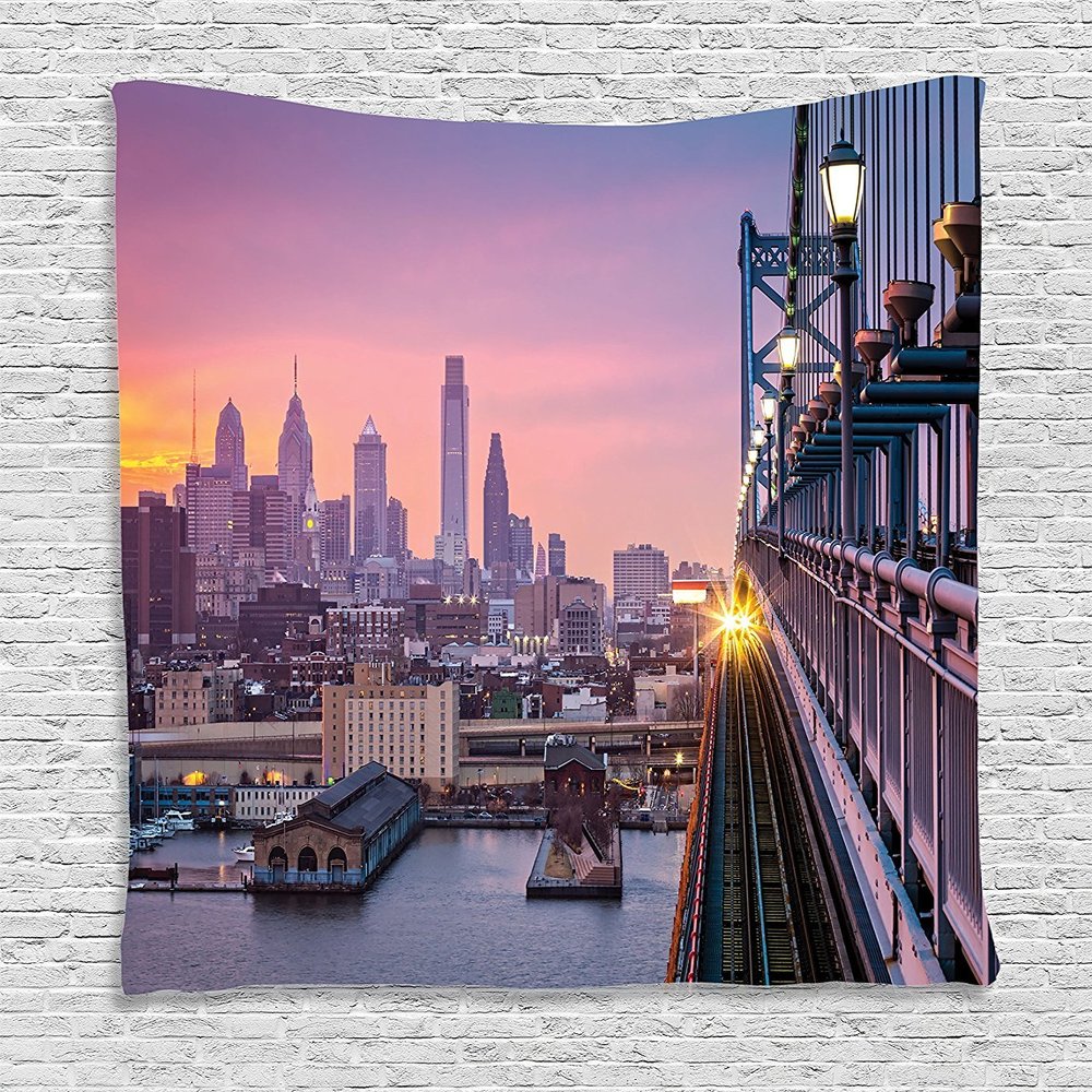 Ambesonne American Tapestry, Philadelphia under a Sunset Train on Vibrant Bridge Skyscrapers Landscape, Wall Hanging for Bedroom Living Room Dorm Decor, 60" X 80", Blue Purple