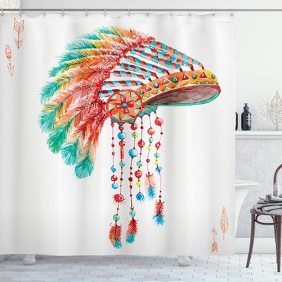 Ambesonne American Shower Curtain, Watercolor Tribal Native Chief Headdress with Feathers Beads Arrow Print, Cloth Fabric Bathroom Decor Set with Hooks, 69" W x 75" L, Orange Blue