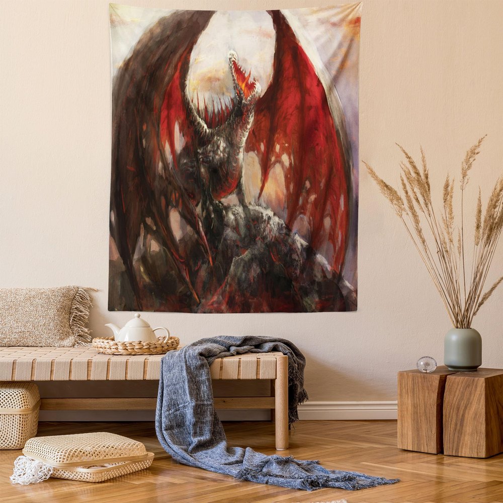 Ambesonne Fantasy World Tapestry, Majestic Dragon Resting on Mountain Mythological Fire-Spewing Creature Print, Wall Hanging for Bedroom Living Room Dorm Decor, 60" X 80", Brown Red