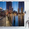 Ambesonne American Shower Curtain, Boston Skyline Day and Night Cityscape Skyscraper Reflection in Water Metropolis, Cloth Fabric Bathroom Decor Set with Hooks, 69" W x 84" L, Blue Orange view 1