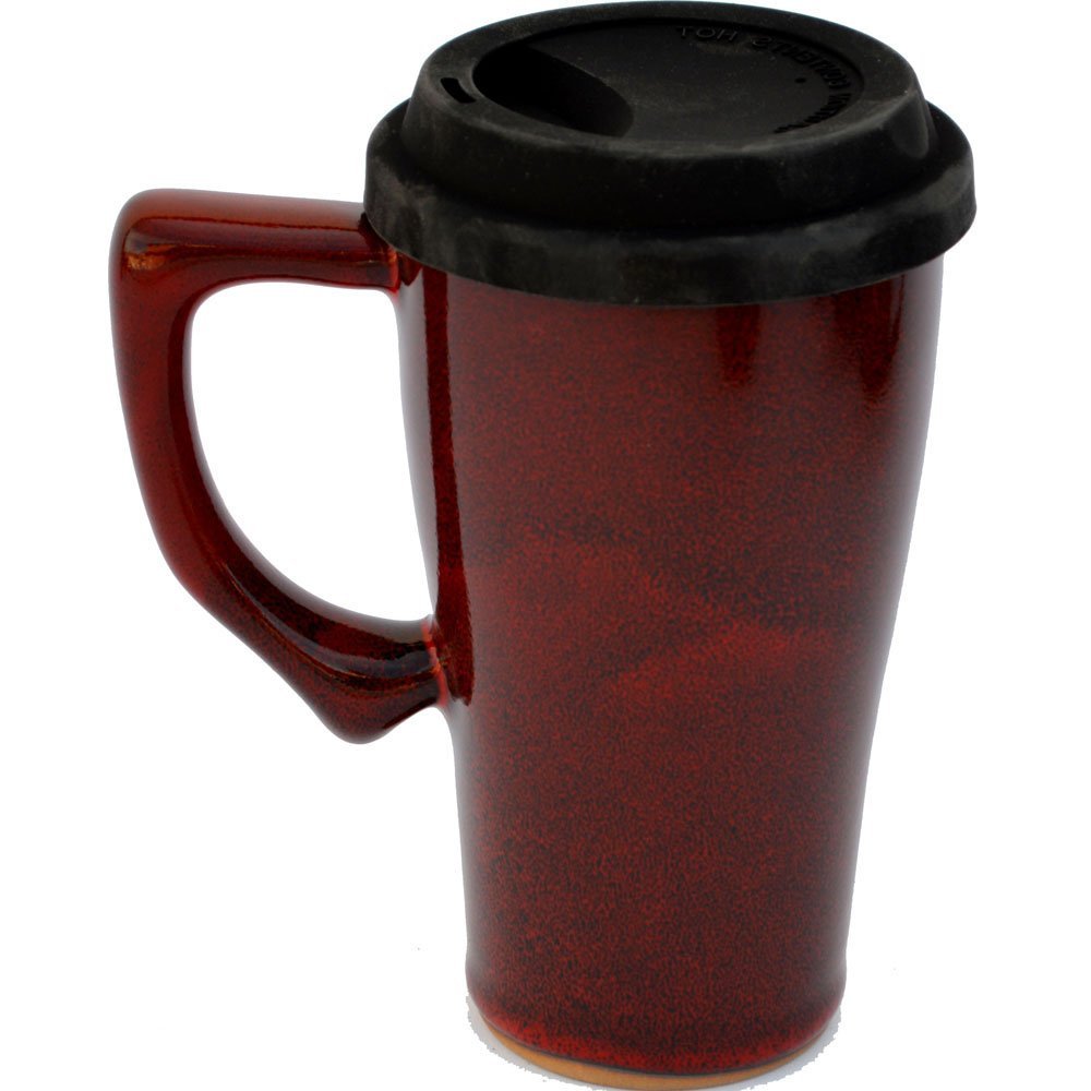 ALWAYS AZUL POTTERY 15 Oz Tall Travel Mug with Handle in Real Red Glaze - Handmade Ceramic Tumbler - Modern Reusable Portable Cup - Large Stoneware Dinnerware - Great for Any Beverage, Hot or Cold