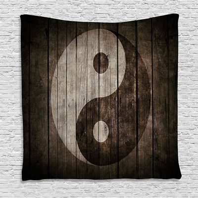 Ambesonne Ying Yang Tapestry, Rustic Wood with Ying Yang Sign Art Grunge Design Peace Balance Yoga Nature, Wall Hanging for Bedroom Living Room Dorm Decor, 40" X 60", Beige Brown