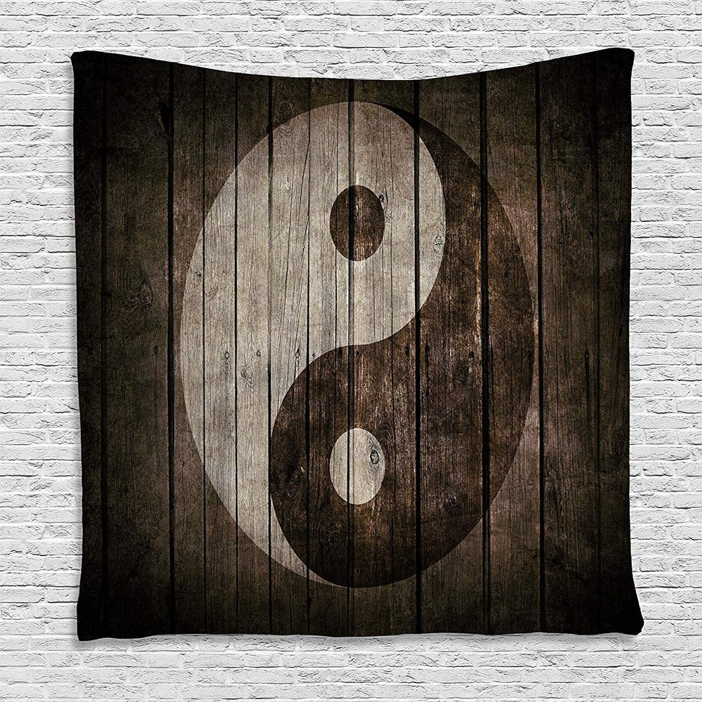 Ambesonne Ying Yang Tapestry, Rustic Wood with Ying Yang Sign Art Grunge Design Peace Balance Yoga Nature, Wall Hanging for Bedroom Living Room Dorm Decor, 40" X 60", Beige Brown