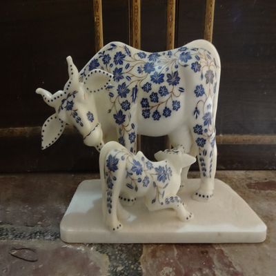 White Marble Kamdhenu Cow 10" Inch ~ with Calf Idol- Multicolor Handcrafted Stone Studded Beautiful Lapis Lazuli, Work Blue Color Flower Design Cow With Feeding Baby Home Decorative And For Gifting