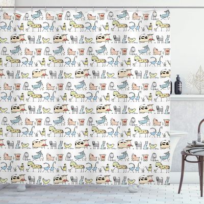 Ambesonne Retro Shower Curtain, Cartoon Village of Domestic Animals Goat Goose Sheep Funny Patterns, Cloth Fabric Bathroom Decor Set with Hooks, 69" W x 84" L, Yellow Beige