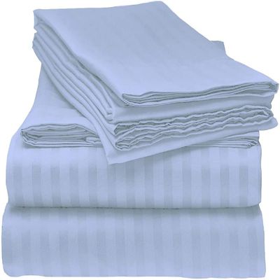 6 PC Sheet Set Egyptian Cotton Sheets Extra Deep Pockets (+21 Inches) Full Extra Long Light Blue Stripe 600 Thread Count Machine Washable