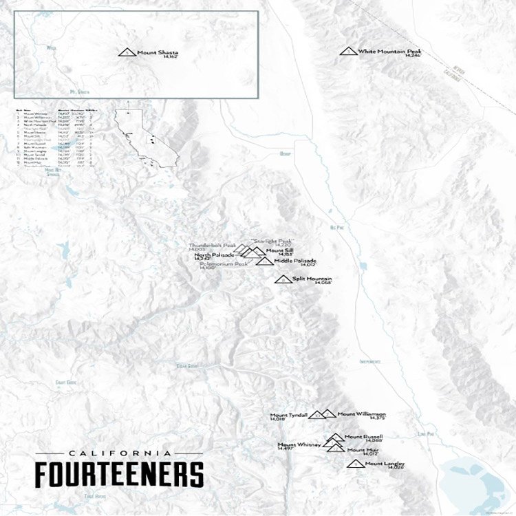 California 14ers Checklist Map 18x24 Poster (Gray)